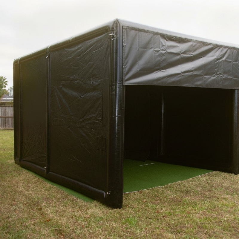 Inflatable golf simulator enclosure 12x16 outdoor backyard front angle.