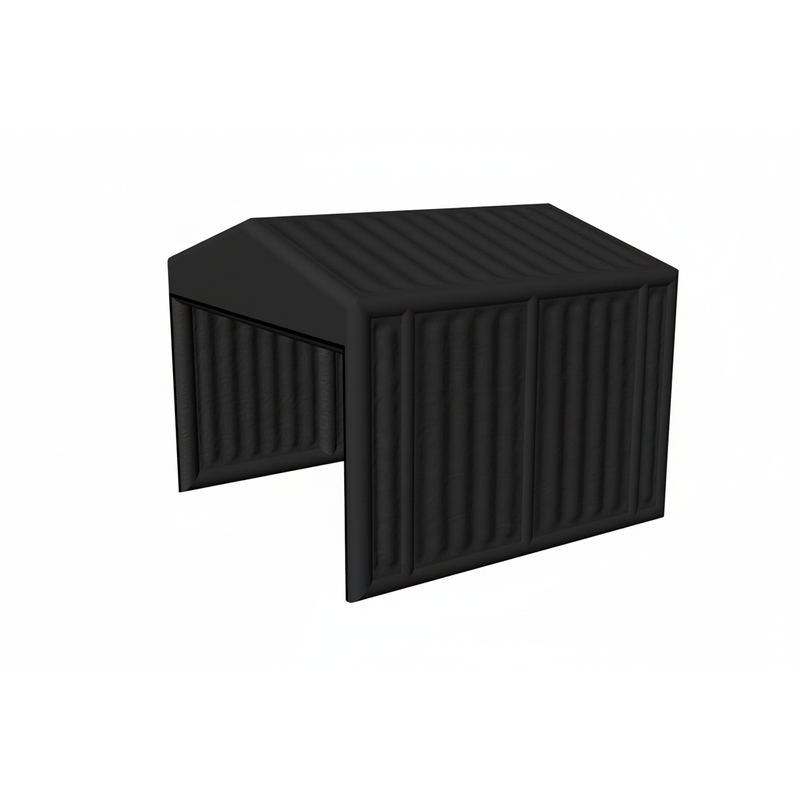 Inflatable golf simulator enclosure 16x16 black peaked roof three quarter view.