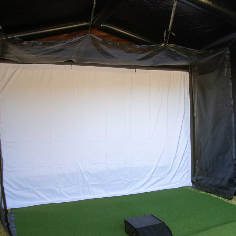 Inflatable golf simulator enclosure 16x16 interior impact screen.