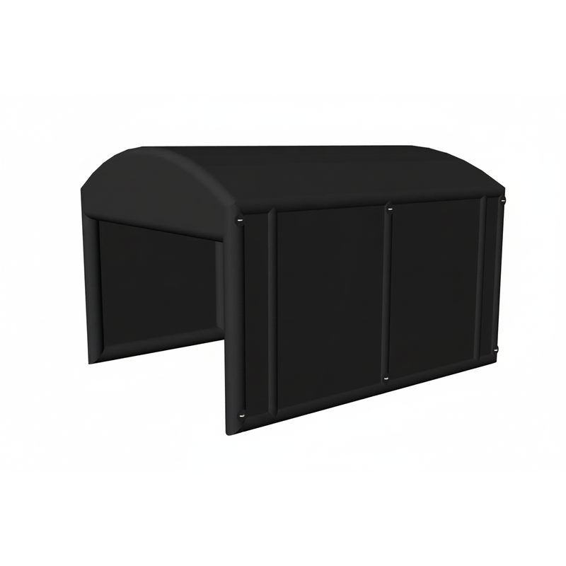 Inflatable golf simulator enclosure 16x20 black arched roof three quarter view.