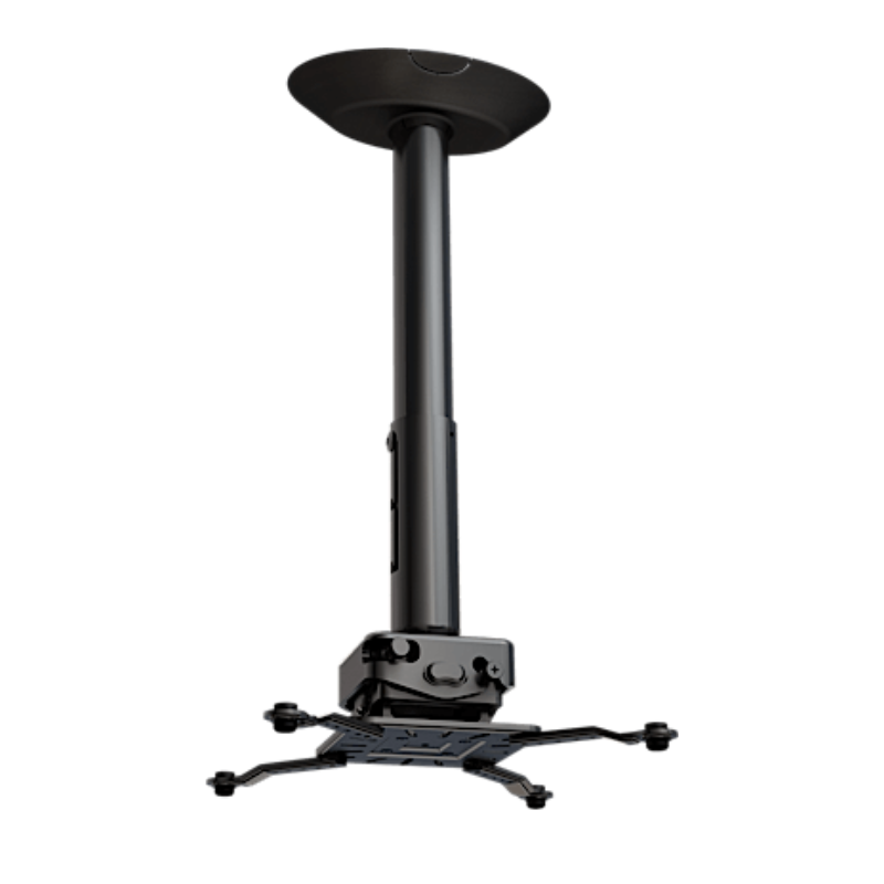Projector Ceiling Mount with Extension Bar and JR3 Universal Adapter with angled view of black ceiling mount and arm.