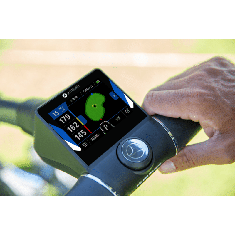 Motocaddy M5 GPS DHC Electric Caddy handle lifestyle view.