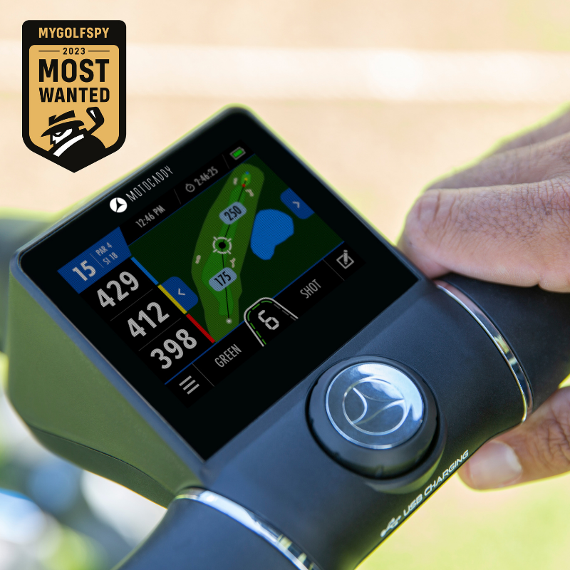 Motocaddy M7 GPS REMOTE Electric Caddy screen with hand view.