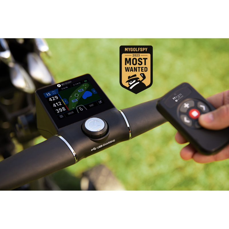 Motocaddy M7 GPS REMOTE Electric Caddy screen with handset view.