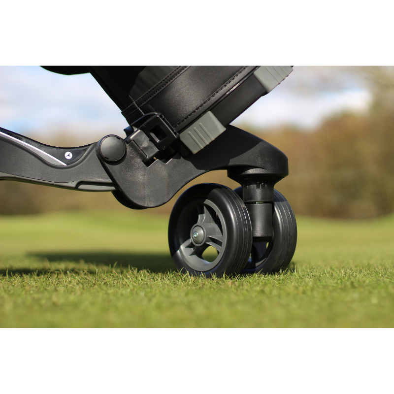 Motocaddy M7 REMOTE Electric Caddy front wheel side view.