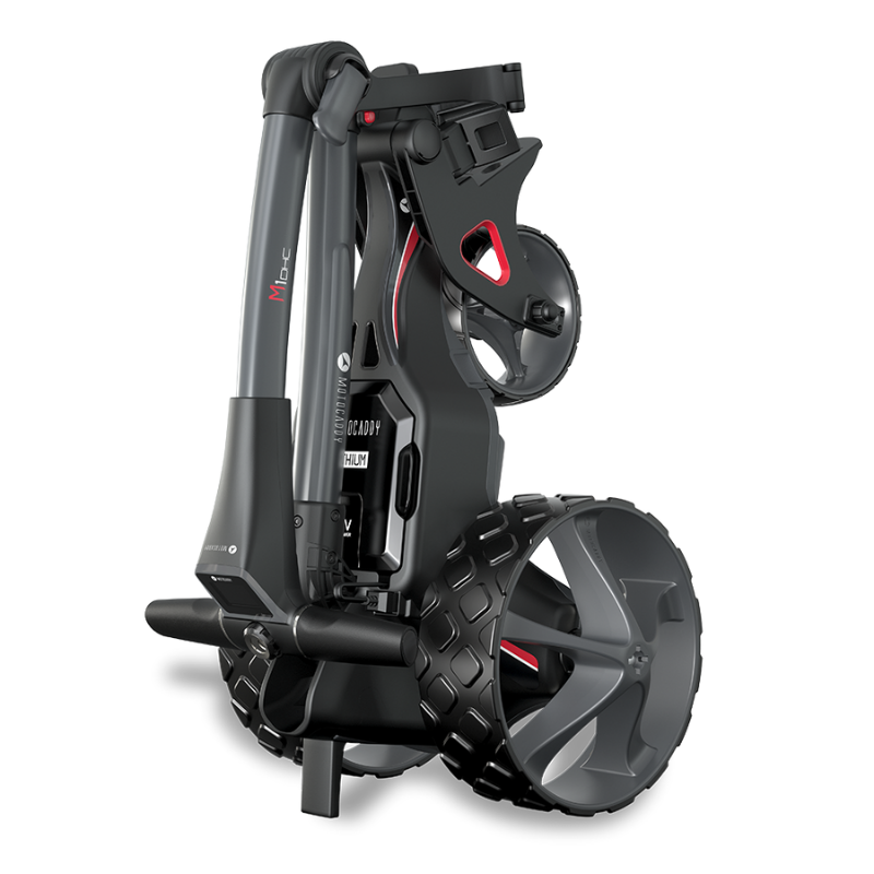 Motocaddy M1 DHC Electric Caddy folded upright view.