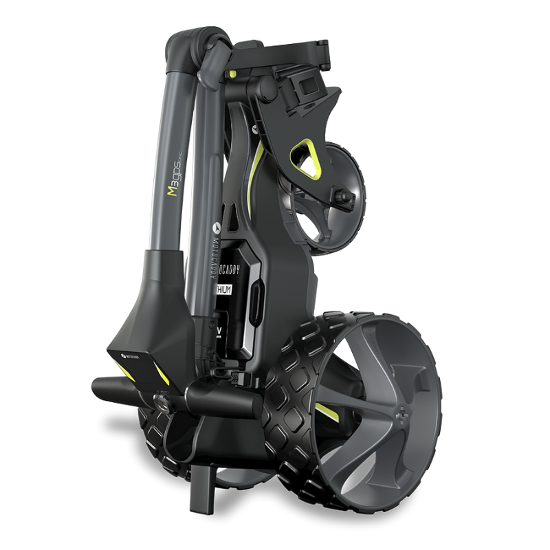 Motocaddy M3 GPS DHC Electric Caddy folded upright view.