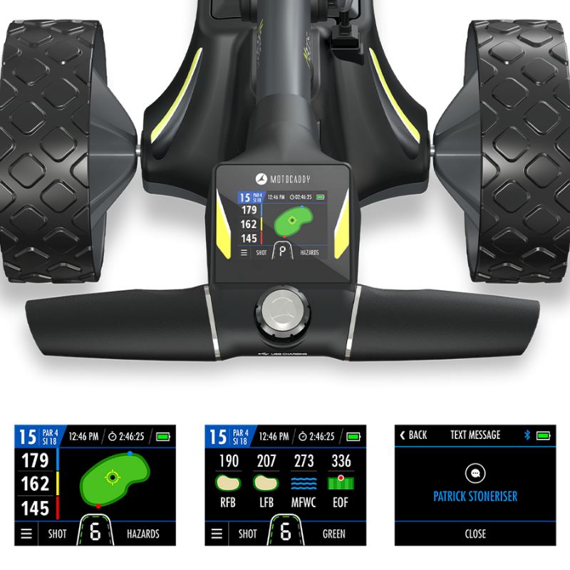 Motocaddy M3 GPS DHC Electric Caddy hero with screens.