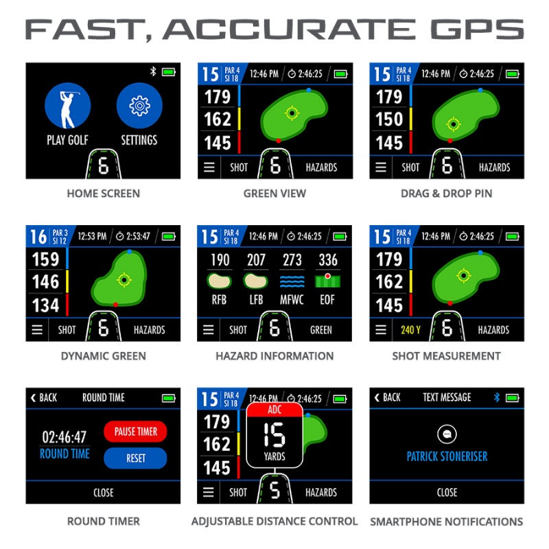 Motocaddy M3 GPS DHC Electric Caddy screens user interface.