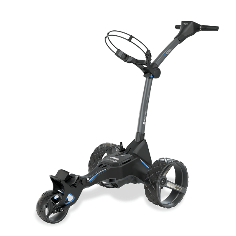 Motocaddy M5 GPS DHC Electric Caddy angled view.