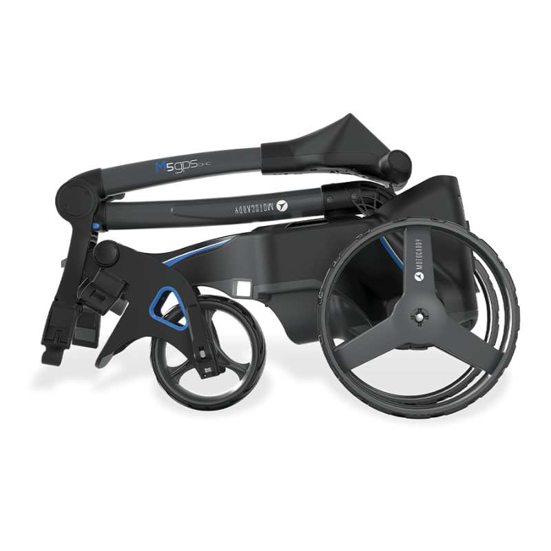 Motocaddy M5 GPS DHC Electric Caddy folded side view.