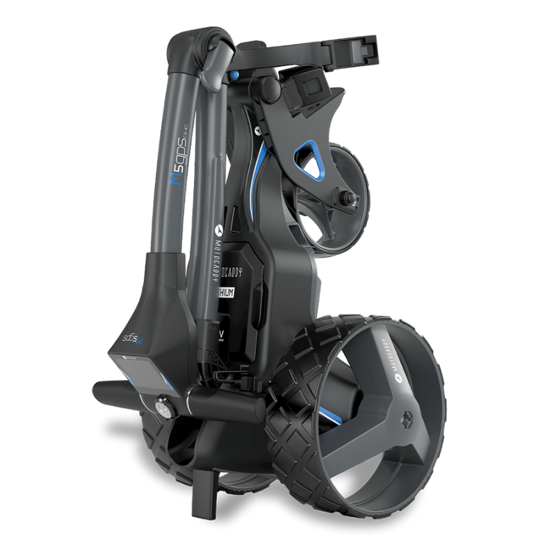 Motocaddy M5 GPS DHC Electric Caddy folded upright view.