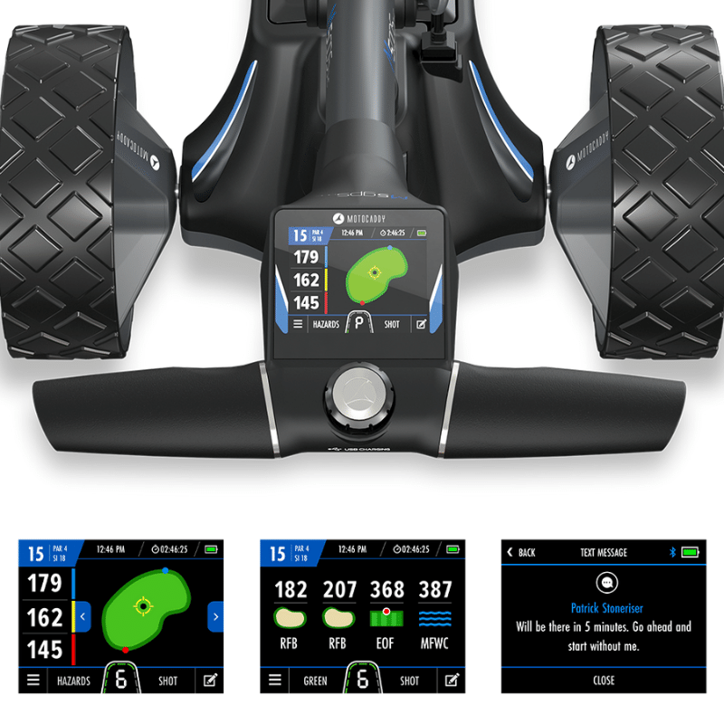 Motocaddy M5 GPS DHC Electric Caddy hero with screens.