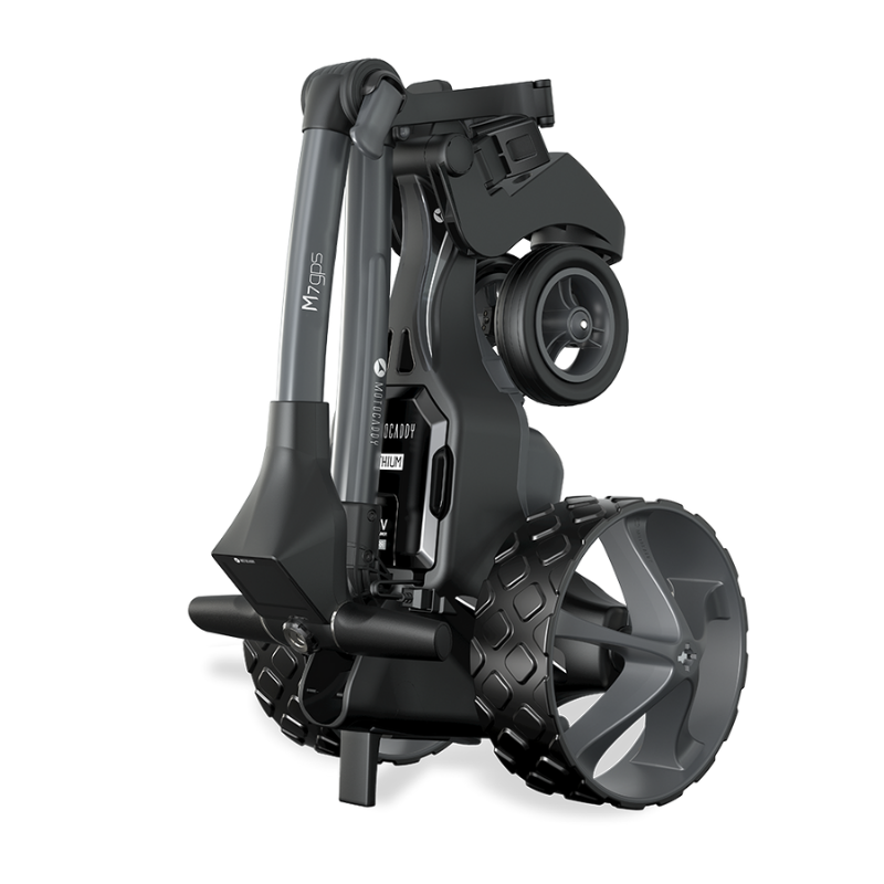 Motocaddy M7 GPS REMOTE Electric Caddy folded upright view.