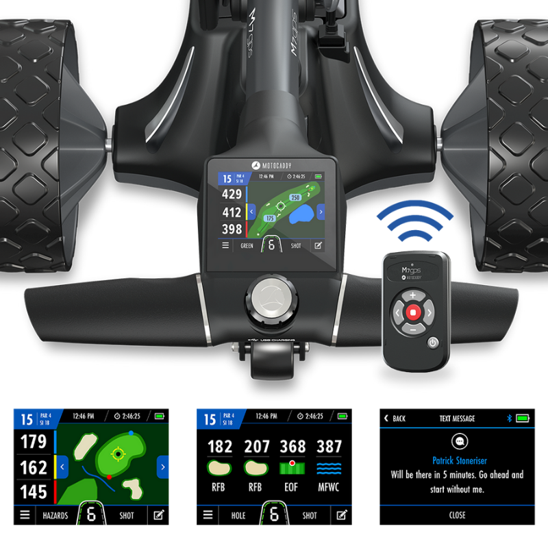 Motocaddy M7 GPS REMOTE Electric Caddy hero with screens view.