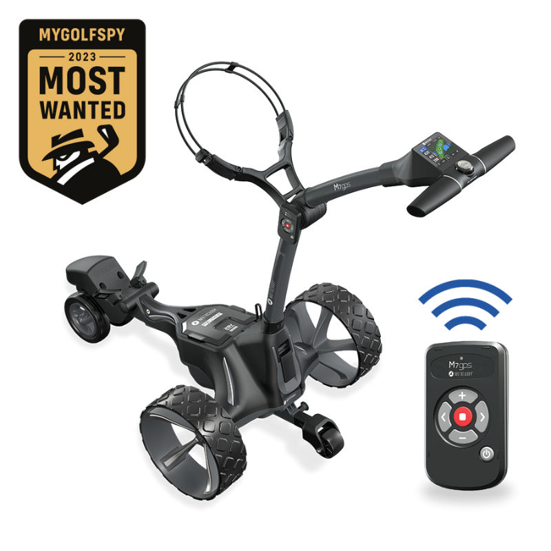 Motocaddy M7 GPS REMOTE Electric Caddy angle with handset view.