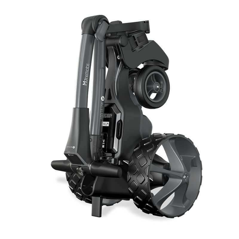 Motocaddy M7 REMOTE Electric Caddy folded upright view.