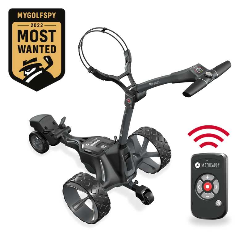 Motocaddy M7 REMOTE Electric Caddy with handset and MYGOLFSPY badge.