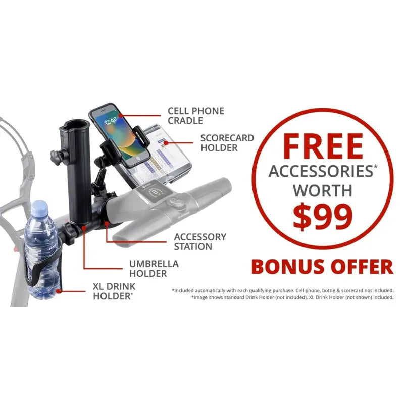 Motocaddy NEW M1 DHC Electric Caddy accessory station with bonus offer.