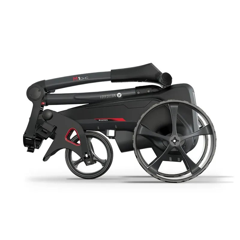 Motocaddy NEW M1 DHC Electric Caddy folded position compact storage black red trim.