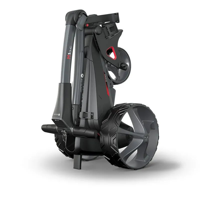 Motocaddy NEW M1 DHC Electric Caddy folded upright position black frame red trim.