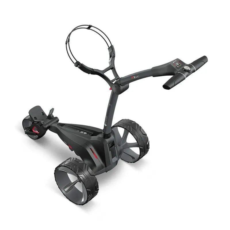 Motocaddy NEW M1 DHC Electric Caddy full view black frame large wheels modern design.