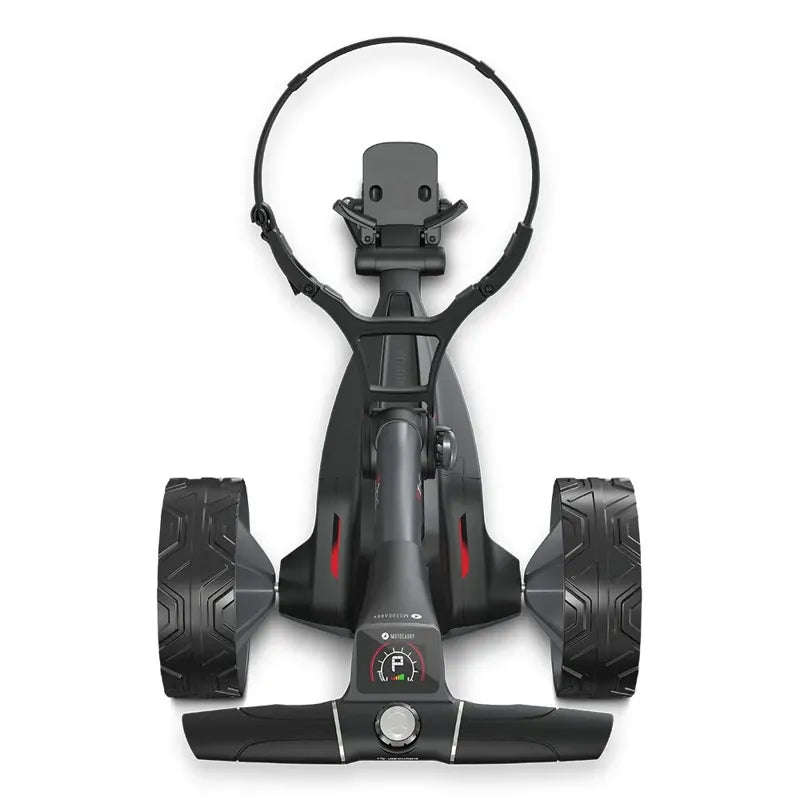 Motocaddy NEW M1 DHC Electric Caddy top down view large wheels handlebar control.