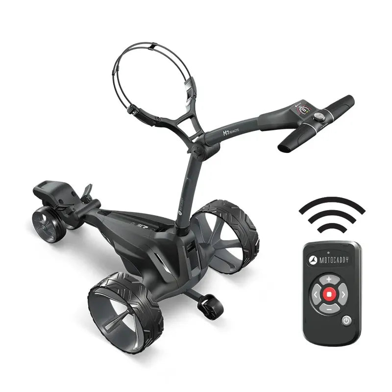 Motocaddy NEW M7 REMOTE Electric Caddy side angle black frame wheels.