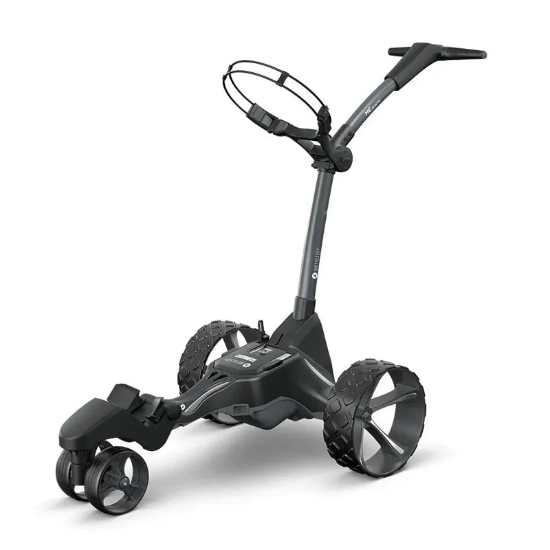 Motocaddy NEW ME REMOTE Electric Caddy full setup side angle.