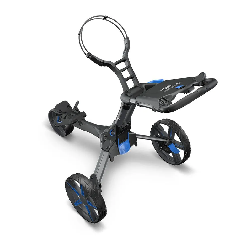 Motocaddy QB2 Push Cart folded standing position black frame blue wheels.
