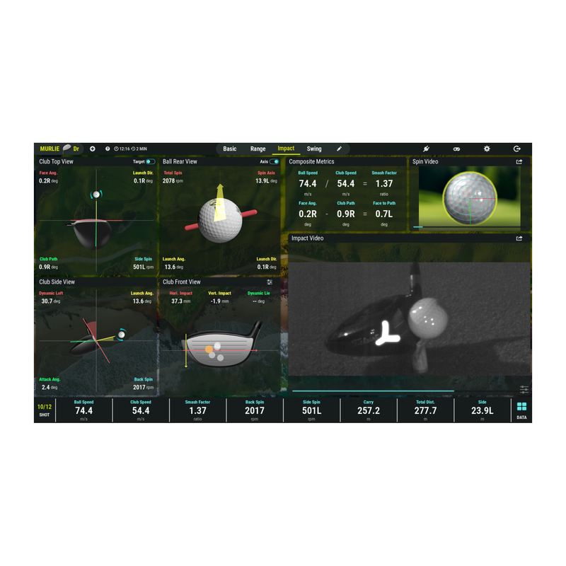 NVISAGE MURLIE shot analysis software impact view with club and ball data.