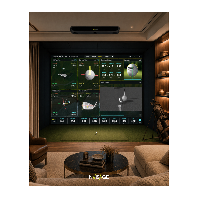 NVISAGE N2 Launch Monitor mounted overhead in a golf simulator room with MURLIE on screen.