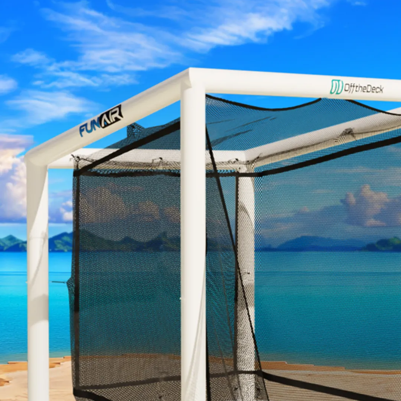 Off the Deck Cube Inflatable Golf Practice Net detail view on a beach showing the inflatable frame, netting and FunAir and Off the Deck logos.