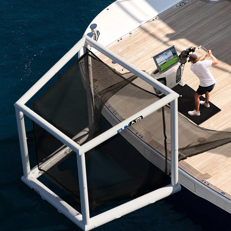 Off the Deck Cube Inflatable Golf Practice Net seen from above on a charter yacht swim platform.