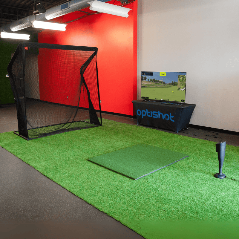 OptiShot Nova Series Golf In A Box 2 Simulator 5x4 mat with the simulator.