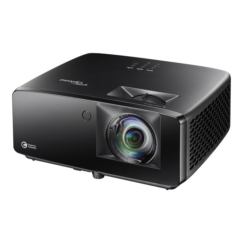Optoma GT3900UHD 4000-Lumens 4K UHD Short Throw Golf Simulator Projector angled view.