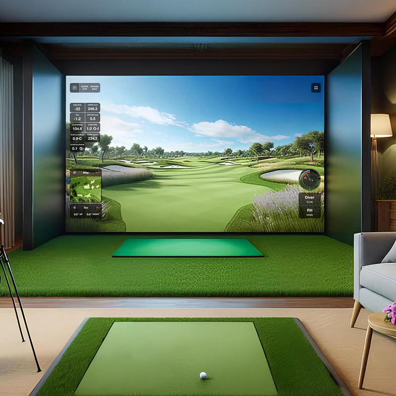 Optoma GT3900UHD 4000-Lumens 4K UHD Short Throw Golf Simulator Projector bright image in a golf simulator room.
