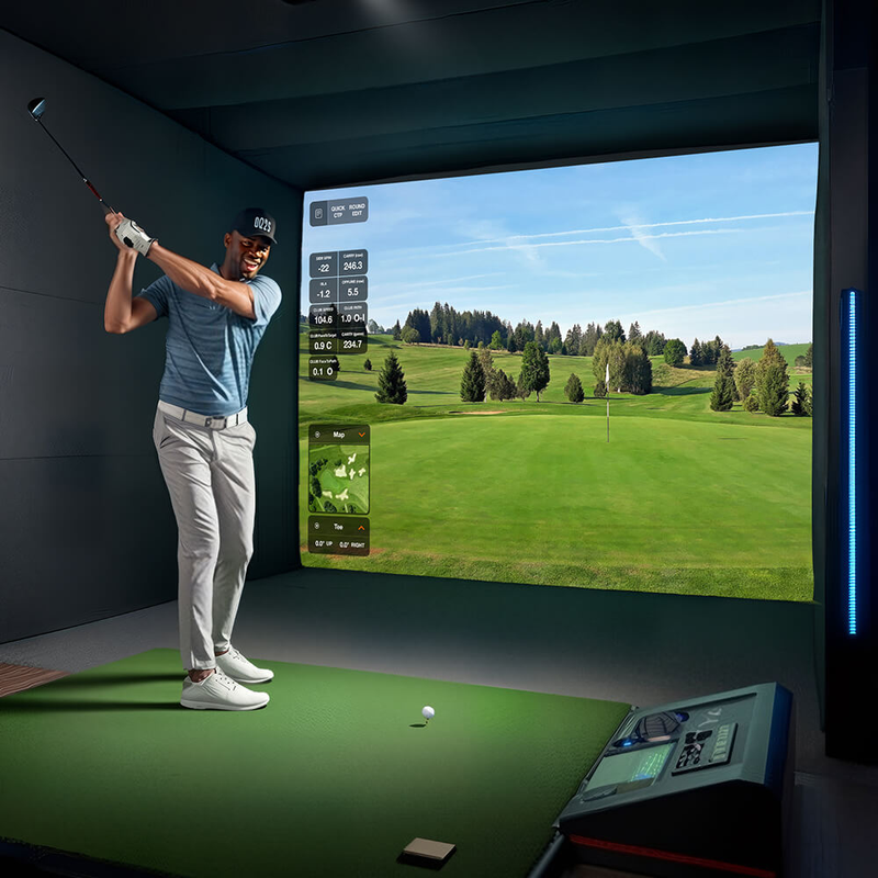 Optoma GT3900UHD 4000-Lumens 4K UHD Short Throw Golf Simulator Projector golfer in a home golf simulator.
