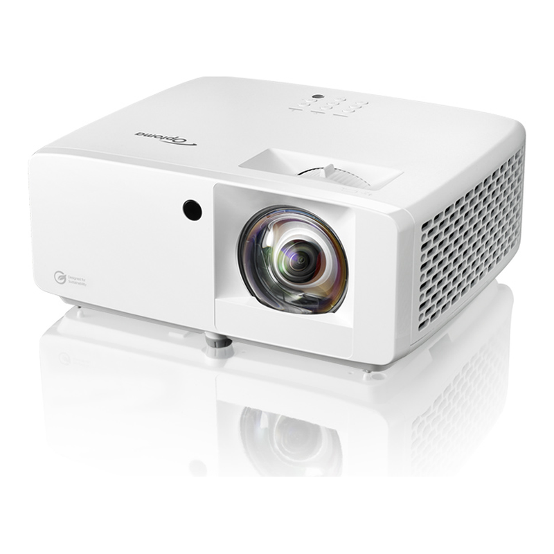 Optoma ZH451ST White 4200-Lumens 1080p Short Throw Golf Simulator Projector angled left view.