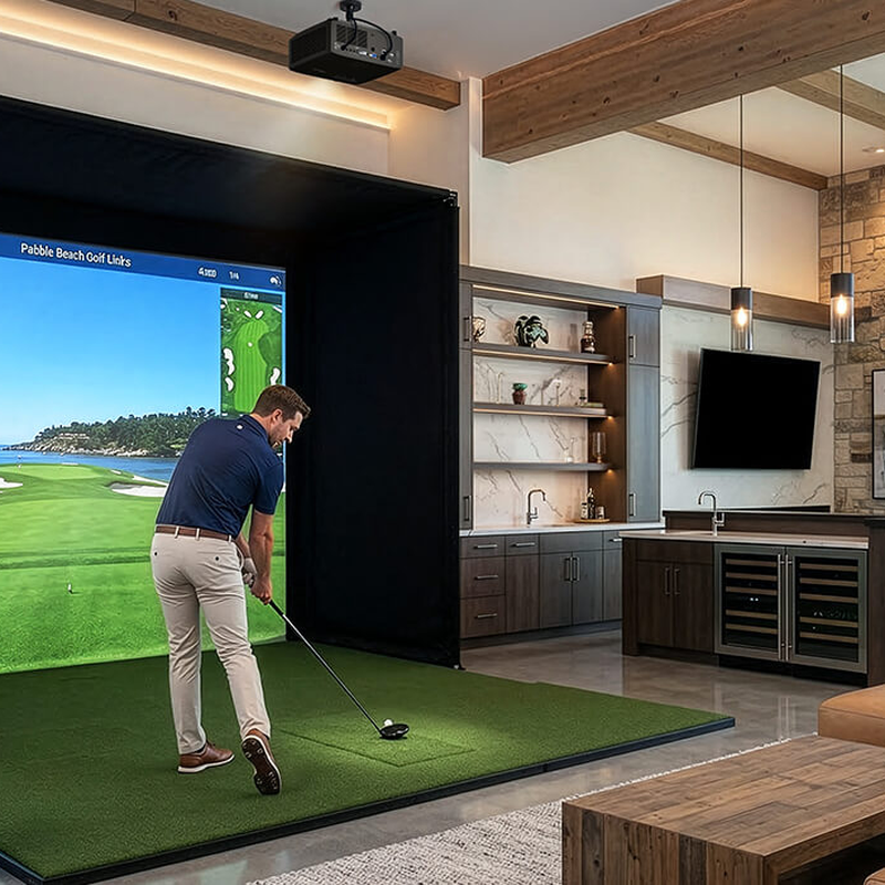 Optoma ZK431ST-B 4100-Lumens 4K UHD Short Throw Golf Simulator Projector in a home golf simulator.