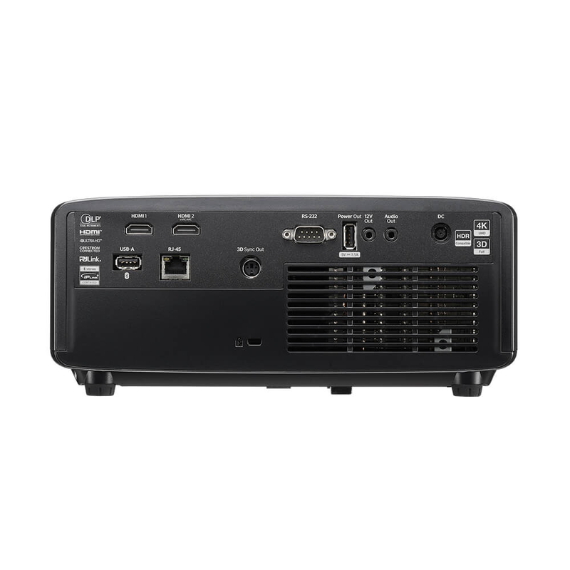 Optoma ZK431ST-B 4100-Lumens 4K UHD Short Throw Golf Simulator Projector rear port view.