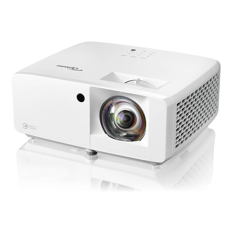 Optoma ZK431ST White 4100-Lumens 4K UHD Short Throw Golf Simulator Projector angled view.