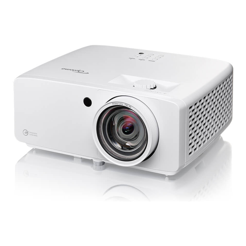 Optoma ZK521ST White 5000-Lumens 4K UHD Short Throw Golf Simulator Projector angled view.