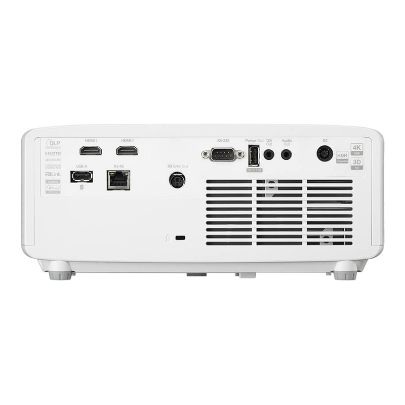 Optoma ZK521ST White 5000-Lumens 4K UHD Short Throw Golf Simulator Projector rear port view.