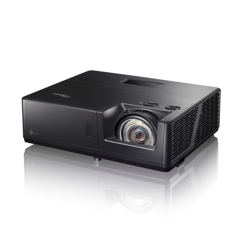 Optoma ZU507TST 5000-Lumens WUXGA Short Throw Golf Simulator Projector left angled view.