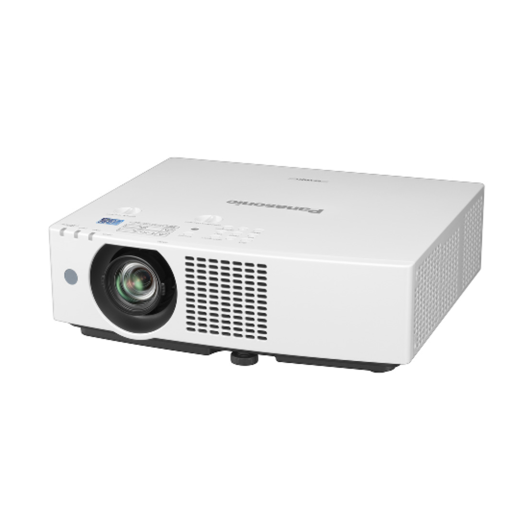 Panasonic PT-VMZ51SU7 5200-Lumen WUXGA Normal Throw Golf Simulator Projector left angled slight overhead view.