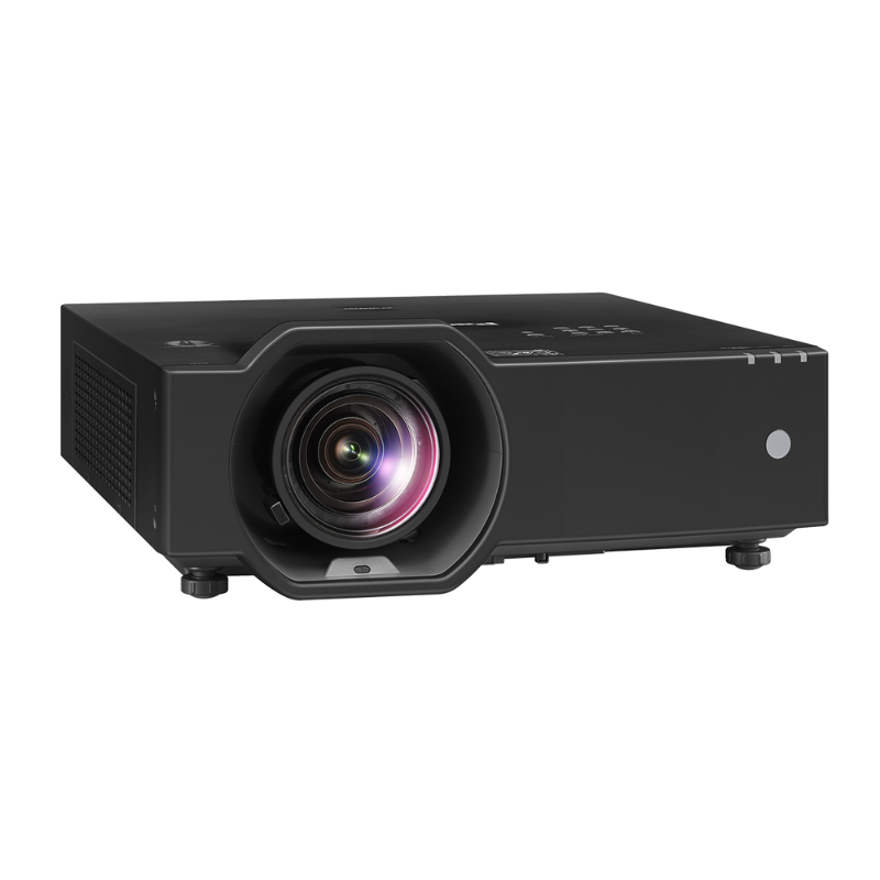 Panasonic PT-VMZ6STBU7 6200-Lumen WUXGA Short Throw Golf Simulator Projector right angled view.