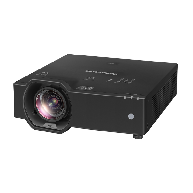 Panasonic PT-VMZ6STBU7 6200-Lumen WUXGA Short Throw Golf Simulator Projector slight left overhead view.