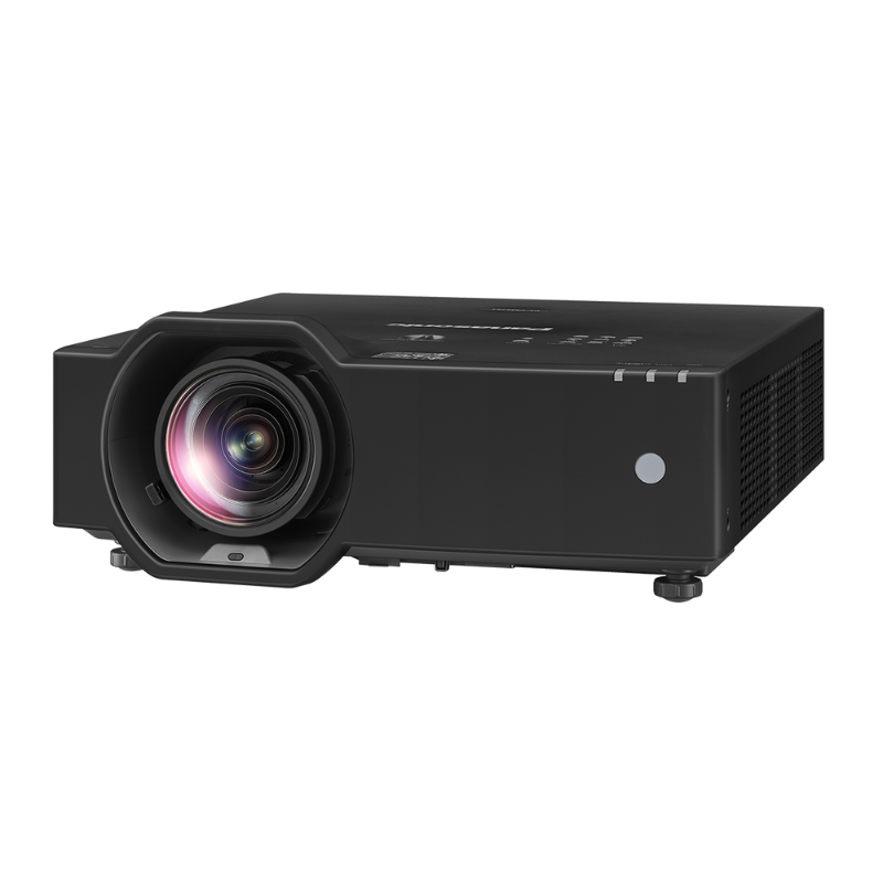 Panasonic PT-VMZ7STBU7 7000-Lumen WUXGA Short Throw Golf Simulator Projector left angled view.