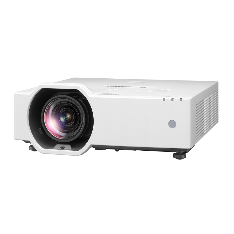 Panasonic PT-VMZ7STU7 7000-Lumen WUXGA Short Throw Golf Simulator Projector left angled view.